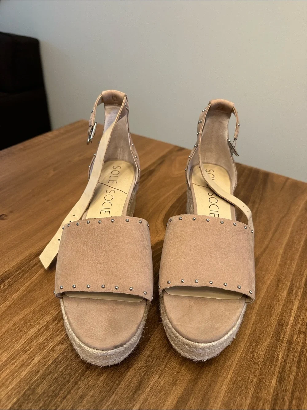 Sole Society Blush Tan Espadrille Wedge Sandals with Ankle Strap